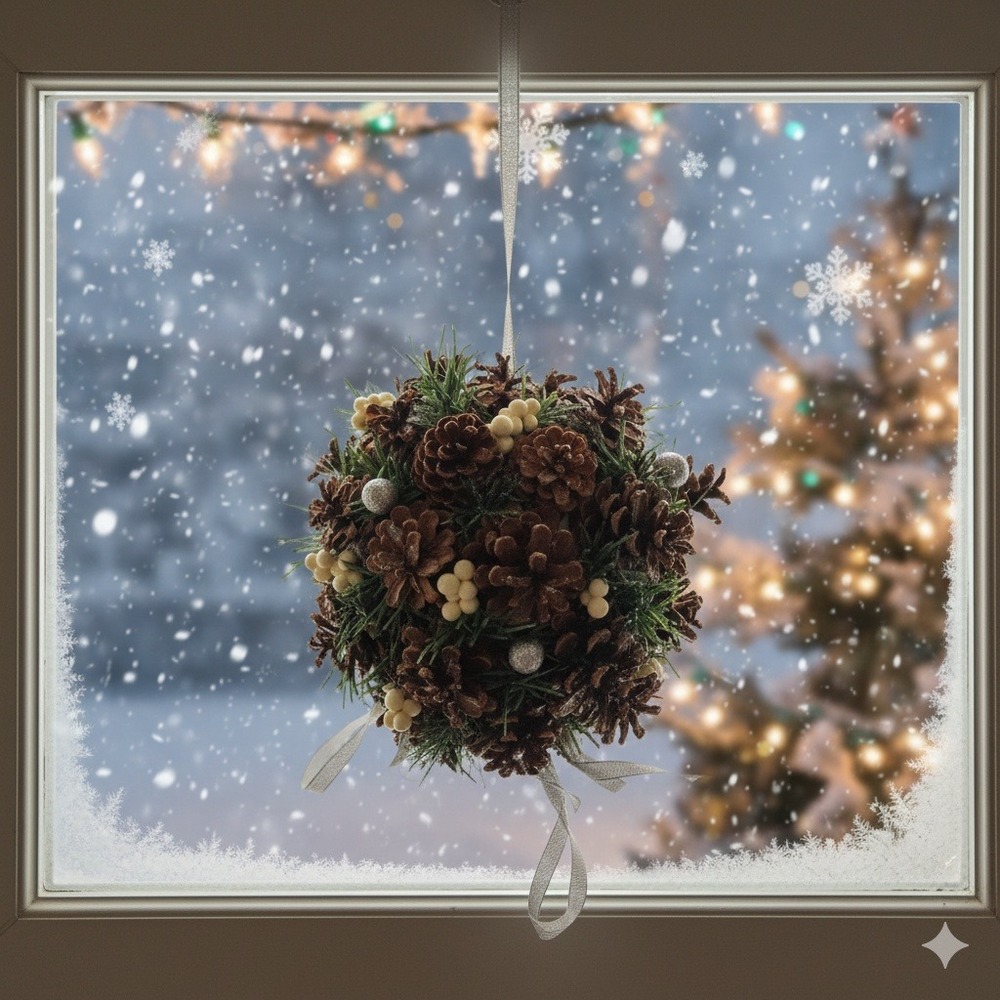 Rustic Large Pinecone Kissing Ball Christmas Holiday Decor Silver/white sparkle.
